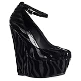 85N Womens Black Patent Zebra Print Ladies Platform Wedge High Heels