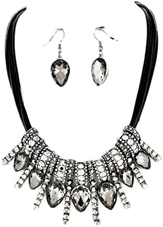 Art Deco Necklace Earrings Set Z39 Dark Gray Crystal Black Glass Cord Hematite