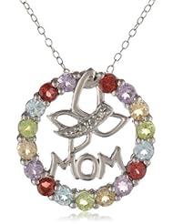 Sterling Silver Diamond Accent Multi-Gemstone Circle Mom and Butterfly Pendant Necklace, 18"