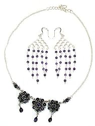 Earring Necklace Set Silver Amethyst Jewelry (gnklcs306)
