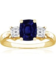 14K Yellow Gold Cushion Cut Blue Sapphire Three Stone Ring