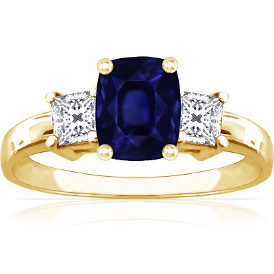 18K Yellow Gold Cushion Cut Blue Sapphire Three Stone Ring