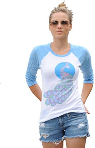 Think Positie Apparel Peacock Women's 3/4 Sleeve Baseball Tee, Blue/White, M FBA
