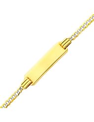 14K Yellow Gold White Pave 2.0mm Baby ID Concave Curb Bracelet with Spring Ring Clasp and 1" Extension - 5"+1" Inches