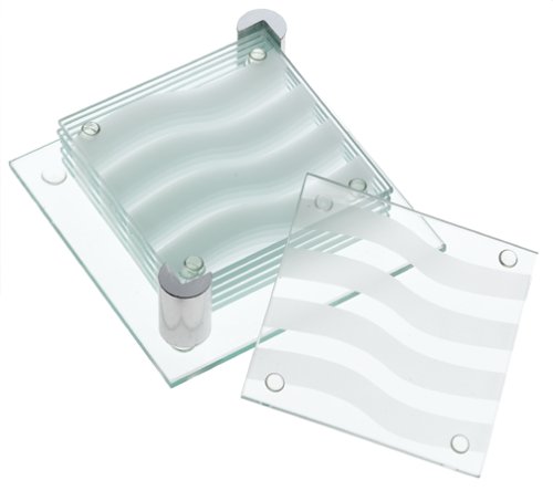 Global Decor 1185 Glass Coasters with Chrome Stand, Set of 6 Coasters, Wave Pattern