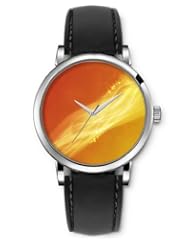 SPRAWL Aanalog Fashion Series Silver Ladies Watches of Genuine Black Leather Strap,Unique Wrist Watch for Women Girls Designed with Waves on orange and yellow background