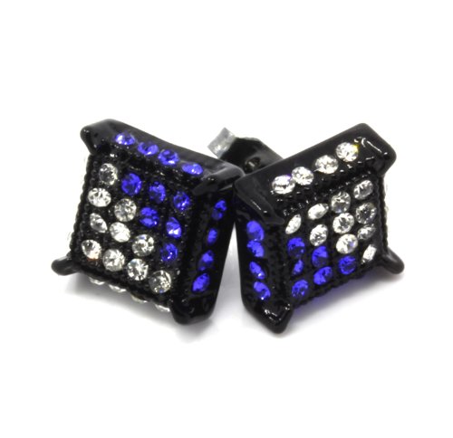 Mens Black Tone Clear/Blue Cz Cube Iced Out Hip Hop Micro Pave Stud Earrings