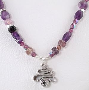 Amethyst and Fluorite Gemstone Necklace with Sterling Silver Swirl Pendant, 19" Length, #8974