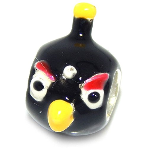 925 Solid Sterling Silver Black Angry Bird Charm Bead