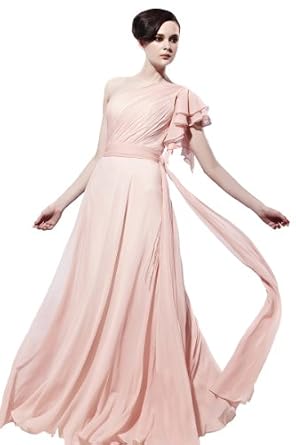 Bohemian Clothing : Orifashion Elegant Pink Chiffon Asymmetrical Shoulder Evening Dress Compare Prices