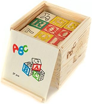 Wooden ABC/123 Building Blocks Set - Alphabet Letters Numbers and Pictures - 27 Pieces with Wooden Storage Box