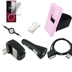 Microsoft Zune 4GB / 8GB / 16GB (PINK) Silicone Skin Charging Combo, w/ Silicone Skin, USB 2in1 Sync Charging Cable, USB Car Charger, USB Wall Charger, Retractable MP3 Jack 3.5mm to 3.5mm Auxilary Cable and a Screen Guard / Protector
