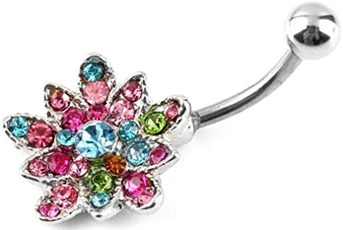 Ultra Sparkle Stainless Steel Colorful Crystal Lotus Flowers Belly Navel Body Jewelry Piercing Bar Ring
