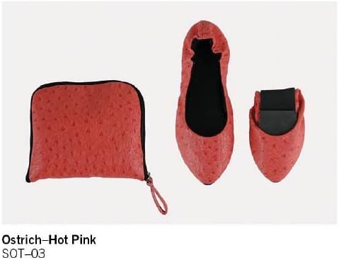 Sidekicks Women's Foldable Portable Travel Ballet Flat Shoes w/ Matching Carrying Case "Ostrich Series" (Medium(7~8), Hot pink)