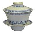 Traditional chinese blue and white rice pattern formal tea cup - set of 2