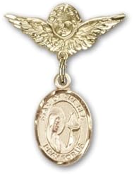 Gold Filled Baby Badge with Our Lady Star of the Sea Charm and Angel with Wings Badge Pin
