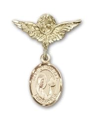 14K Gold Baby Badge with Our Lady Star of the Sea Charm and Angel with Wings Badge Pin