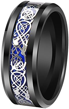 EMISTY 8mm Black Tungsten Carbide Ring Silvering Celtic Dragon Blue Carbon Fibre Wedding Gift Band Mens Size 13