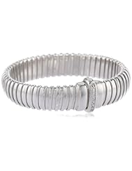 Italian Rhodium Plated Sterling Silver Ribbed Tube Cubic-Zirconia Magnetic Clasp Bracelet, 7"
