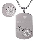 Stainless Steel Cubic Zirconia "Together" Spinning Gear Design Dog Tag Pendant Necklace