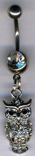 Body Fashion Belly Ring Diamond Owl Dangle Navel Ring with Cz Stones 14g Belly Piercing Belly Ring with Surgical Steel Bar -Blue