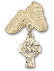 Gold Filled Baby Badge with Celtic Cross Charm and Baby Boots Pin
