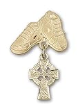 14kt Gold Baby Badge with Celtic Cross Charm and Baby Boots Pin