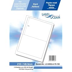 LabelOcean LO-0002-a-70, 200 Etiketten 210x148,5mm, 100 Blatt DIN A4, 70g/qm, geeignet f�r Inkjetdrucker-, Laserdrucker und Kopierer.