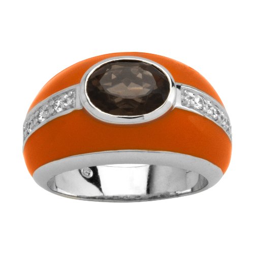 Sterling Silver White Cubic Zirconia and Smokey Quartz with Orange Enamel Womens Ring, Size 9
