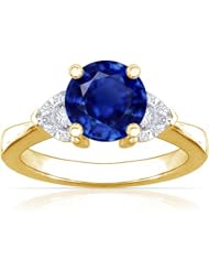 14K Yellow Gold Round Cut Blue Sapphire Three Stone Ring (GIA Certificate)