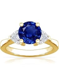 18K Yellow Gold Round Cut Blue Sapphire Three Stone Ring (GIA Certificate)