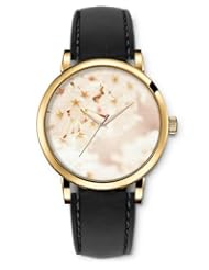 SPRAWL Aanalog Fashion Series Gold Ladies Watches of Genuine Black Leather Strap,Unique Wrist Watch for Women Girls Designed with white Flowers
