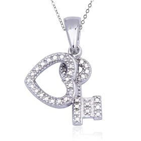 Buy Rhodium Overlay Sterling Silver Diamond Heart and Key Charm Pendant, 18 by Amazon.com Collection