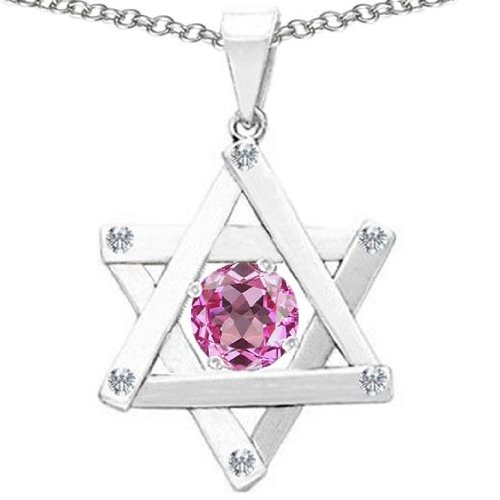 CandyGem 925 Sterling Silver Created Round Pink Sapphire Star of David Judaica Pendant