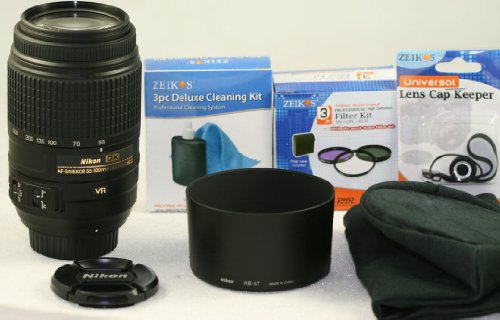 Nikon AF-S DX NIKKOR 55-300mm f/4.5-5.6G ED VR (5.5x) Lens kit with Set of 3 filters , Case , Hood , Cleaning kit , cap holder and Extended warranty