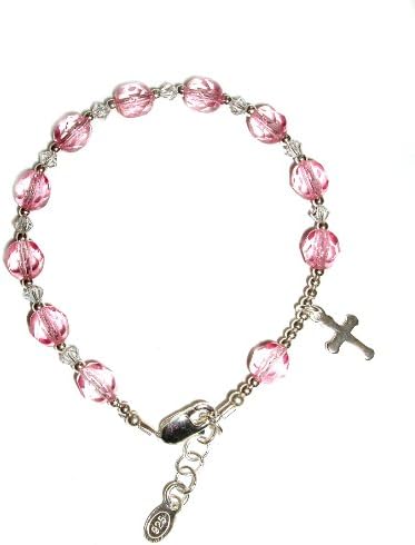 Girls Bracelet, Pink Rosary Bracelet Pink Sterling Silver Girls Childrens Jewelry, Perfect for First Communion and Features an Adorable Little Cross, Perfect for First Communion