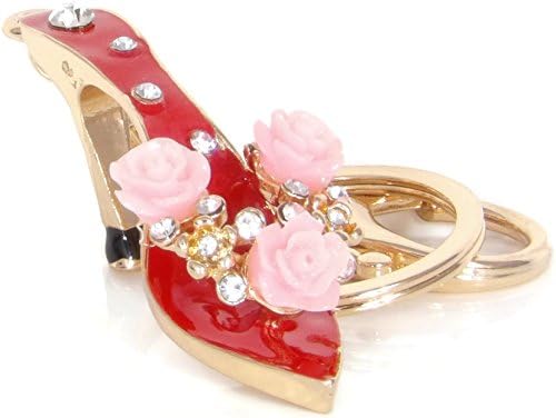 Gold Plated Jeweled high Heeled Red Sandals/Shoes/Cinderella Slippers Studded W Rose and Swarovski Quality Crystal Key Chain/Key Ring/Key Fob Handbag Charm/Handbag Accessories