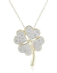 XPY 10k Yellow Gold Diamond Four Leaf Clover Pendant Necklace (.072cttw, I-J Color, I2-I3 Clarity), 18"