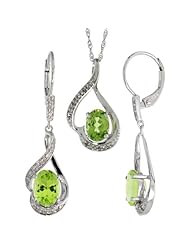 14k White Gold Dangle Earrings (19mm tall) & 18 in. Pendant-Necklace Set, w/ 0.20 Carat Brilliant Cut Diamonds & 3.64 Carats Oval Cut (7x5mm) Peridot Stones