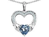 Celtic Love by Kelly Hands Holding 8mm Heart 1inch Claddagh Pendant With Simulated Aquamarine in .925 Sterling Silver