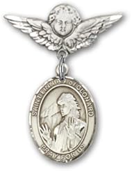 Sterling Silver Baby Badge with St. Finnian of Clonard Charm and Angel with Wings Badge Pin