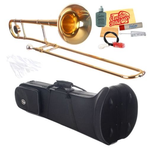Barcelona CS-1000 Concert Series Tenor Slide Trombone Bundle with Care Kit, Polishing Cloth, Hard Shell Case, and White Gloves - Gold Lacquer