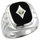 Sterling Silver Men's Rectangular Cushion Black Onyx & Solitaire Diamond Ring w/ 0.05 Carat Brilliant Cut Diamond & Side Nugget Design (Available in Sizes 8 to 13), 3/4 in. (19mm) wide, Size 13