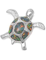 Sterling Silver Black Lab Opal Sea Turtle Pendant Gift Charm Pure 925 New 17mm with 1mm Box Chain