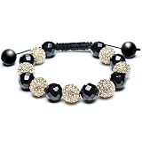 Bling Jewelry Black Onyx Macrame Bead Bracelet Unisex Swarovski Clear Golden Crystal Beads 12mm