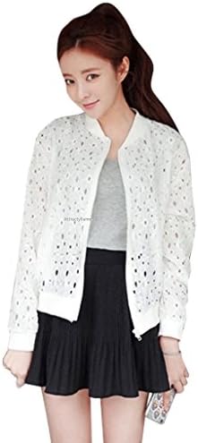 Yanjing Women Lace Floral Zip Zipper Hollow Coat Jacket Tops Shirt Blazer Blouse White Size XL