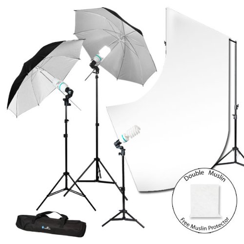 420W Photography Studio 3 Umbrella Lighting Light Kit with Double White Muslin Kit, LimoStudio