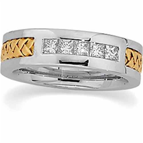 0.87Ct.T.W. Sparkling Princess Cut Diamonds 14K Two Tone Gold. Men's Diamond Wedding Band