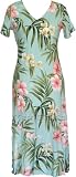 Tea Length Cap Sleeve Dress - Pale Hibiscus Orchid V-Neck Pull Over Style Hawaiian Aloha Bottom Flare Long Dress - Regular Size