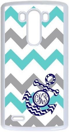 Turquoise Gray Chevron Zigzags Pattern & Navy Anchor Monogram Personalized Custom Best Plastic Case for LG G3 ,Black or White for Choice